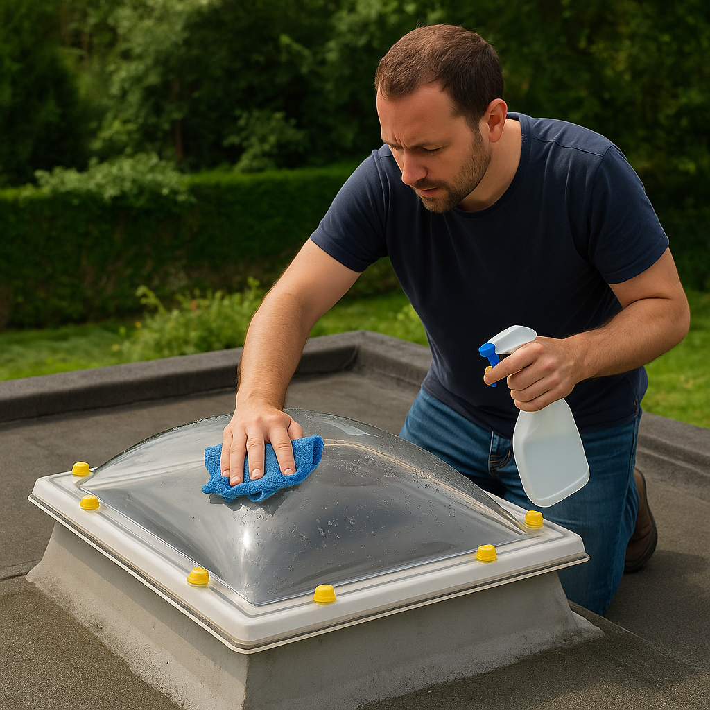 Man maakt een lichtkoepel schoon op een plat dak met een microvezeldoek en een sprayfles, omringd door groen in de achtergrond. Gele doppen op de koepel duiden op een acrylaat materiaal