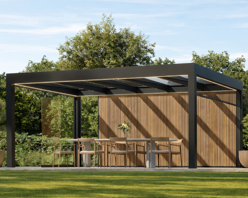 Volledige Calista terrasoverkapping in antraciet met Kozma wandpaneel, geplaatst door een gecertificeerde Skylux Premium Partner