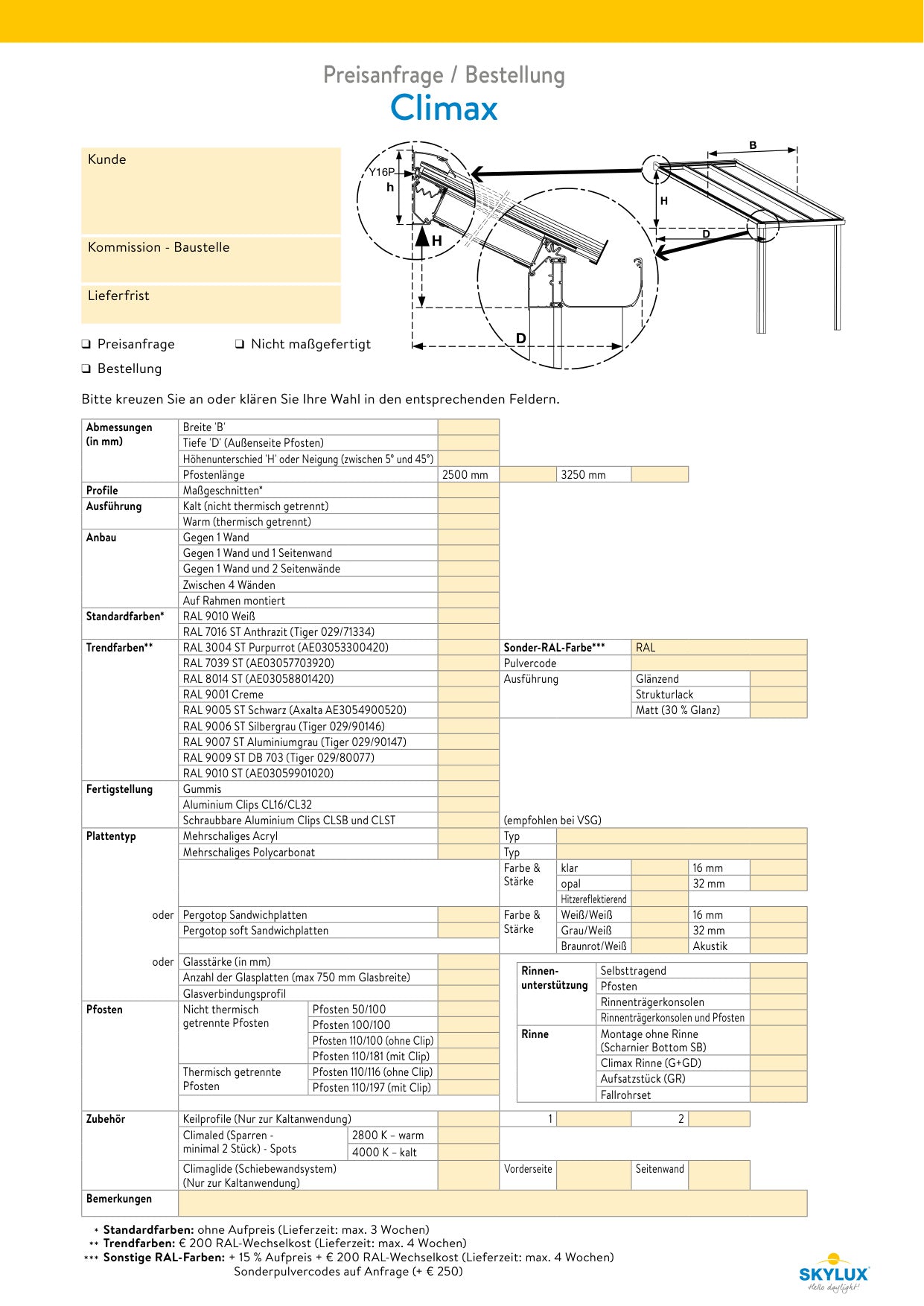 Formulaires de commande profils de véranda - Skylux