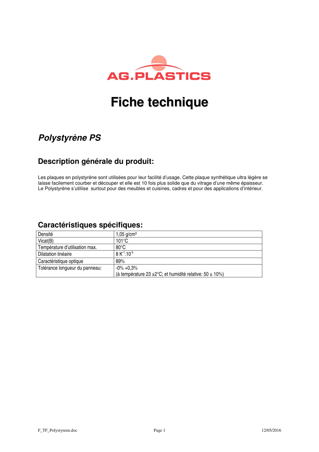 Dossier technique plaques synthétiques