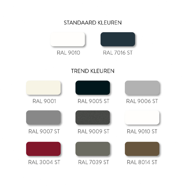 Kleurenoverzicht zelfdragende veranda profielen - standaard en trendkleuren Skylux