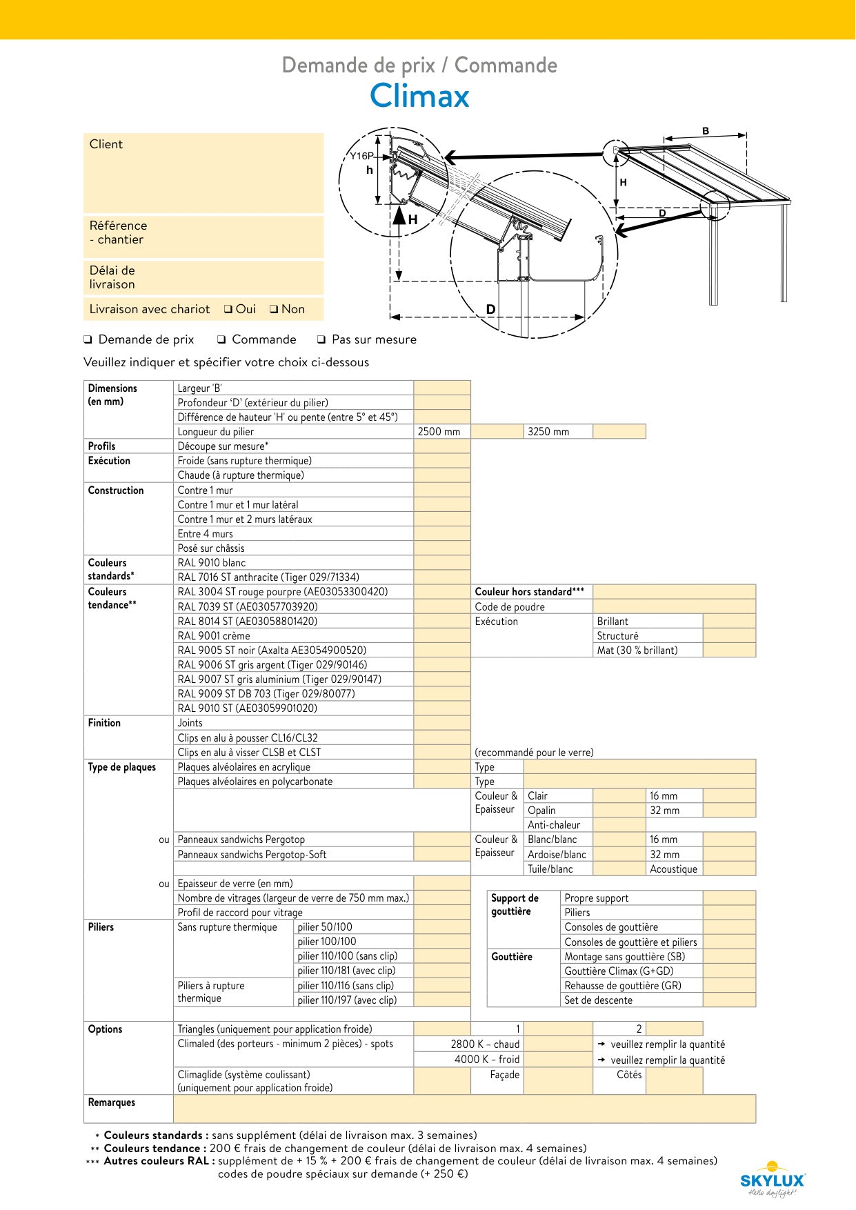 Formulaires de commande profils de véranda - Skylux