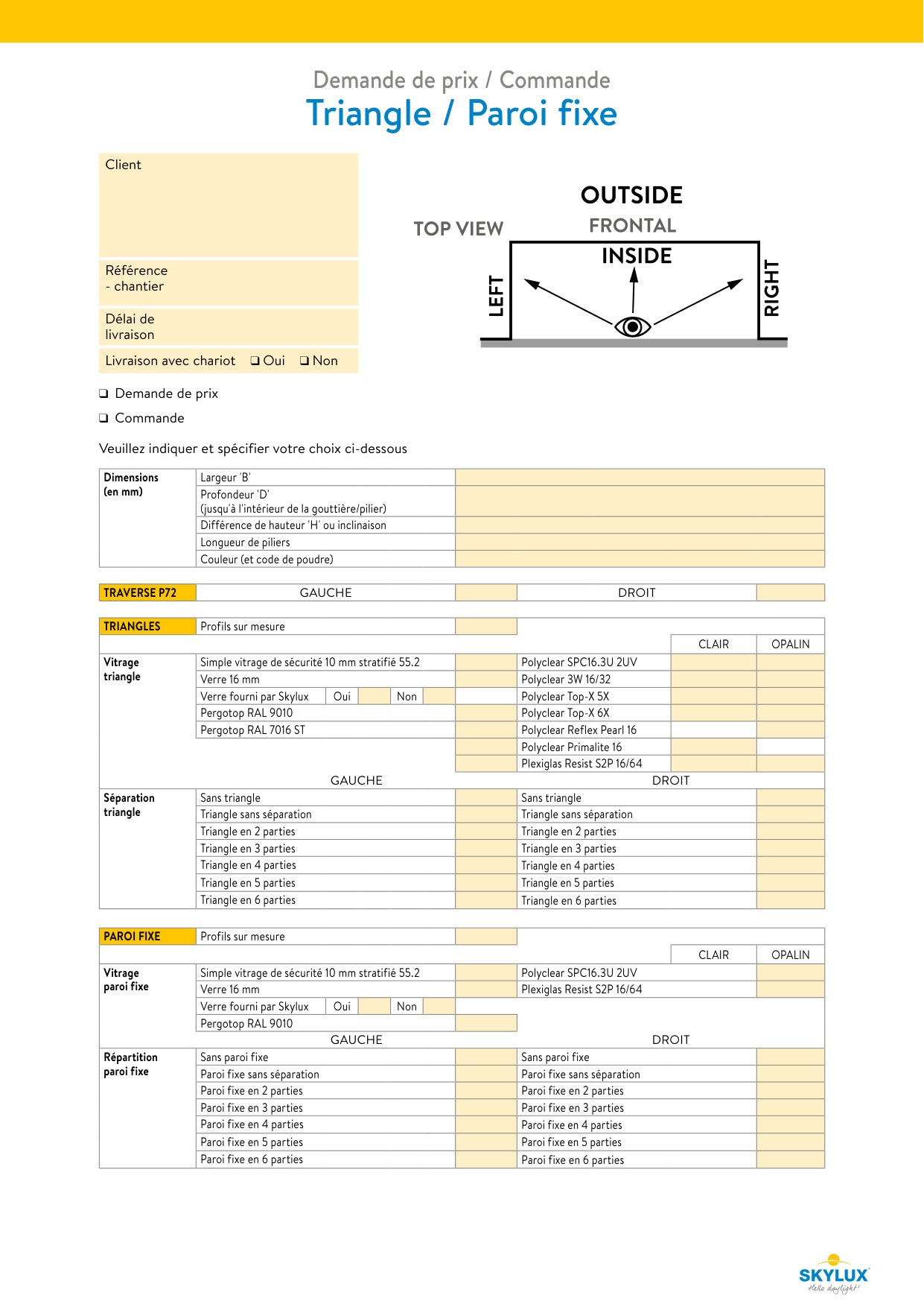 Formulaires de commande profils de véranda - Skylux