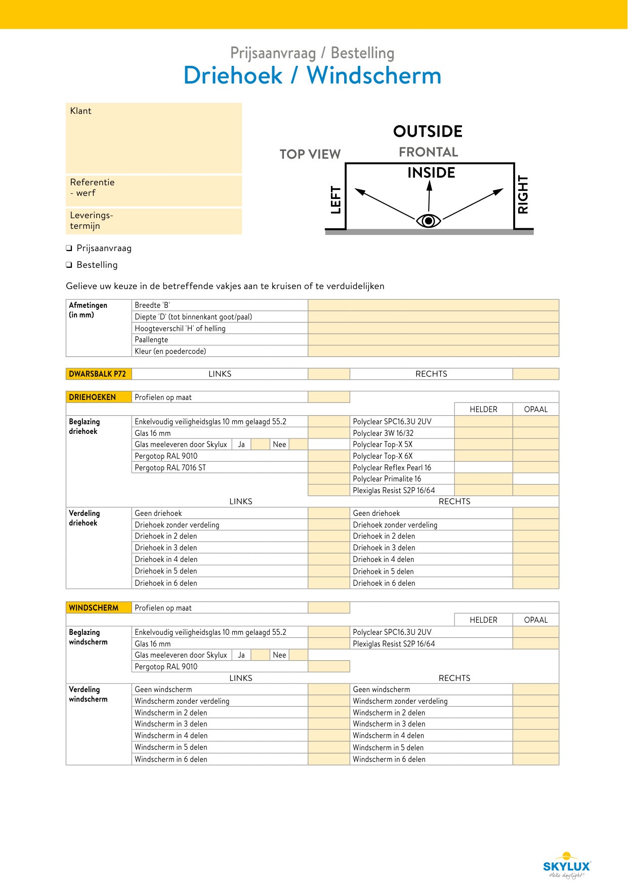 Formulaires de commande profils de véranda - Skylux