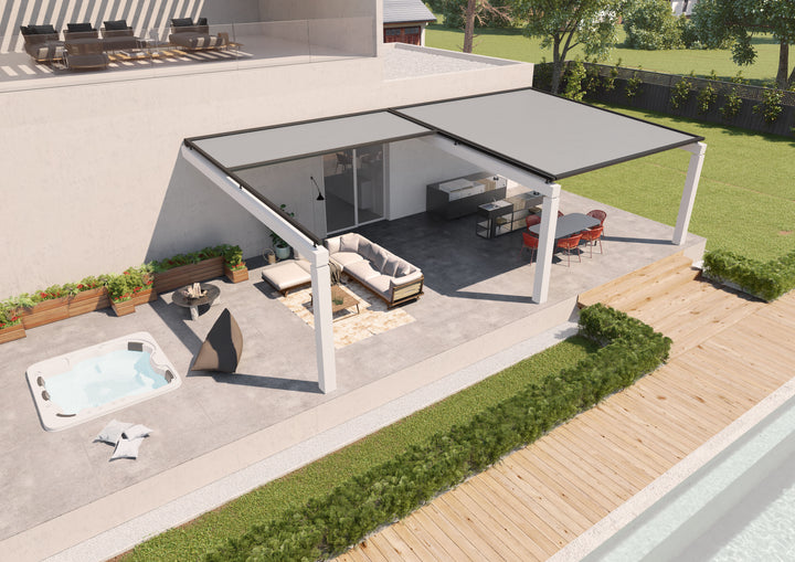Volledig personaliseerbare overkapping in aluminium, op maat verkrijgbaar tussen 2000 en 5950 mm breed.