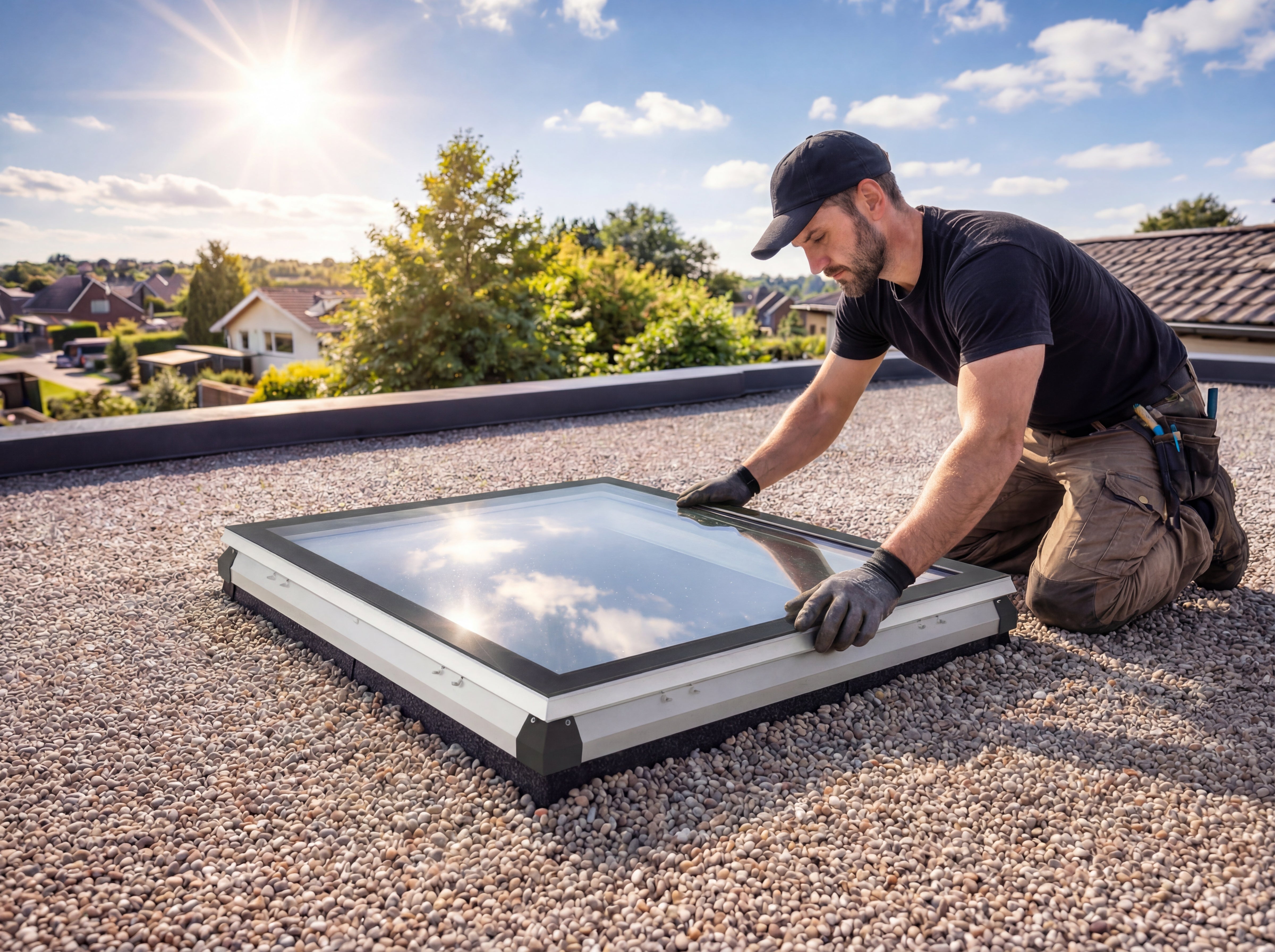 Skylux renovatiekader geplaatst op werf - werfklare oplossing voor lichtkoepel renovatie. Aannemer plaatst Skylux daktoegang op plat dak met grindafwerking - renovatiekader zonder breekwerk